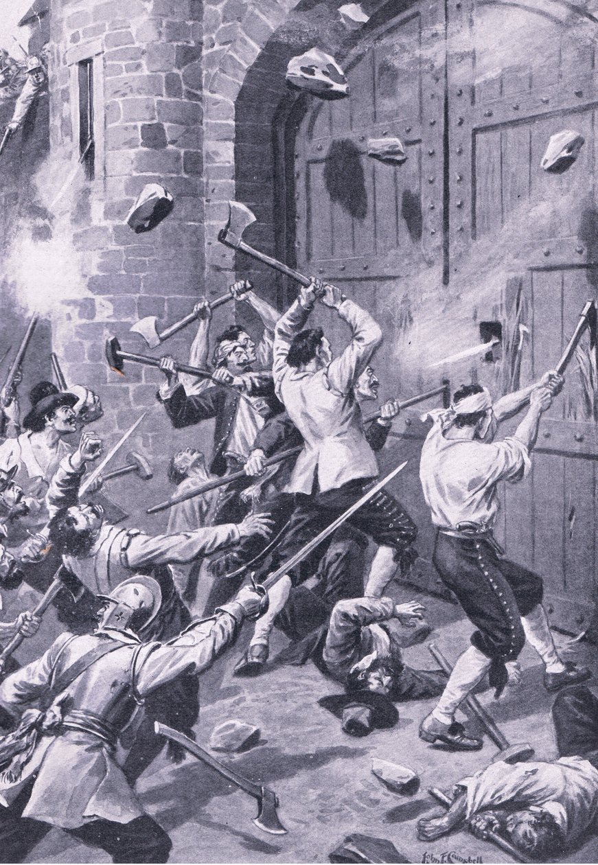 Dundee kifosztása 1651. szeptember 1.: Angol tengerészek megtámadják a Wellgate kikötőt, illusztráció a „British Battles on Land and Sea” című filmből. alkotó: John F. Campbell