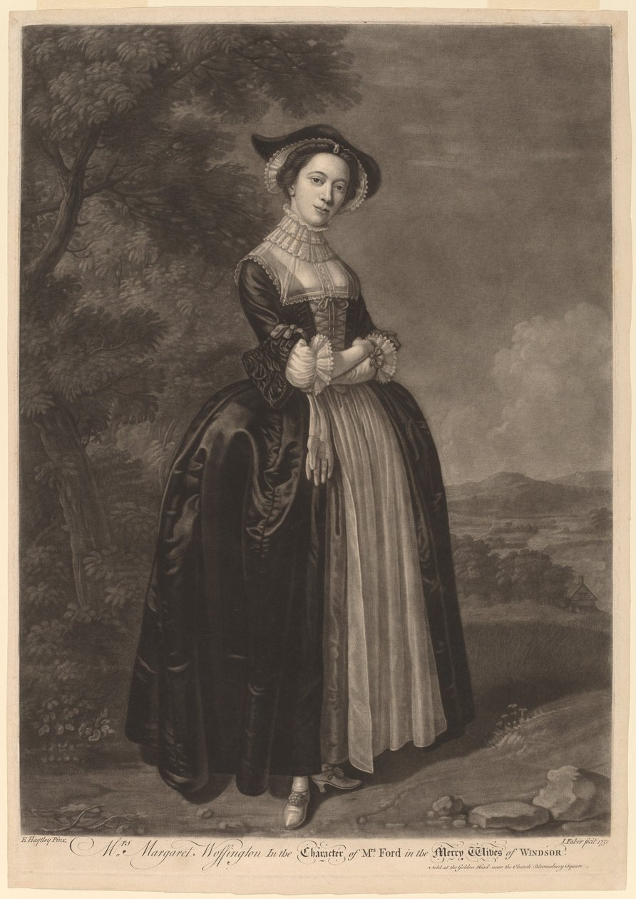 Mrs. Margaret Woffington Mrs. Ford karakterében a Windsori vidám feleségekben alkotó: John Faber II after Edward Haytley