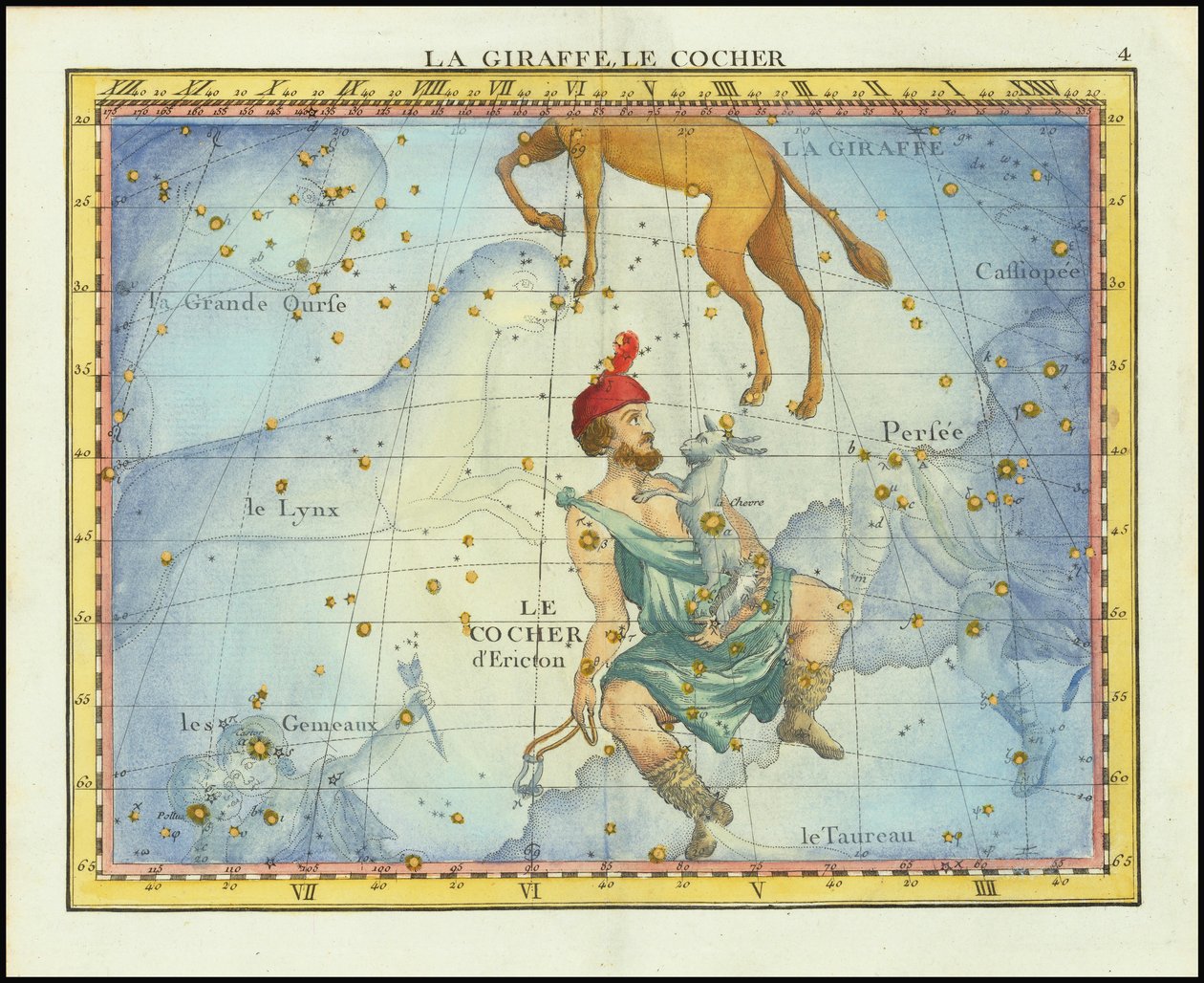 1776-os csillagtérkép a Camelopardal és Auriga csillagképekről és a szomszédos csillagképekről, Fortin Atlas Celeste de Flamsteed című művéből. alkotó: John Flamsteed