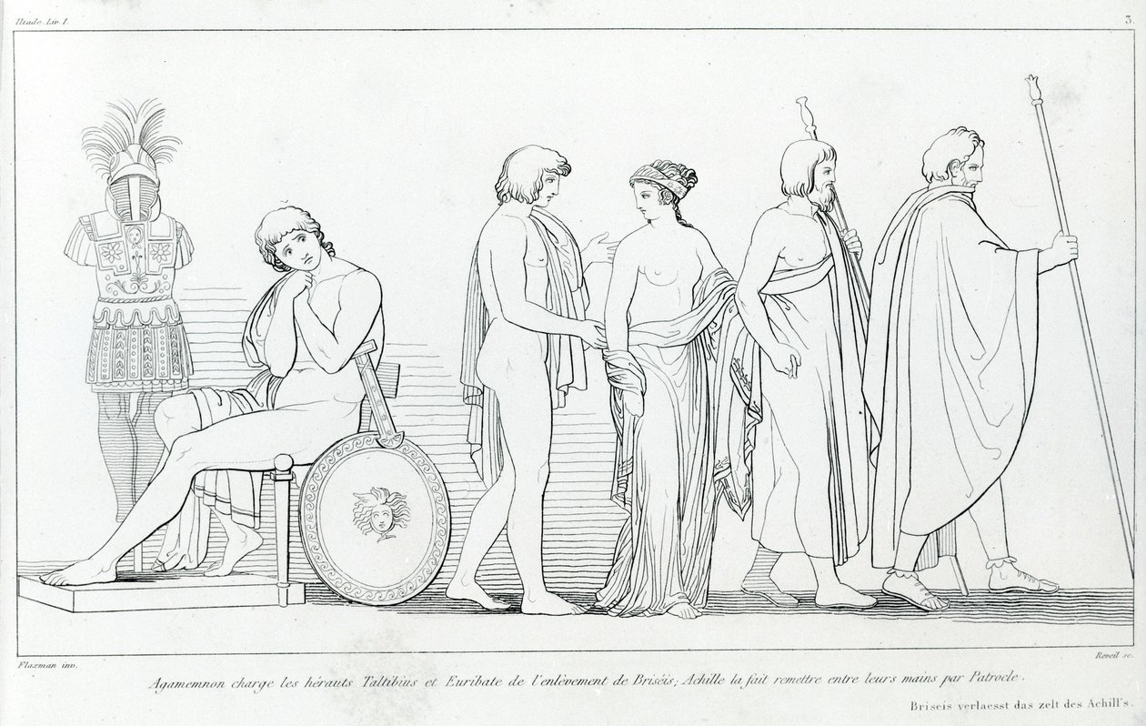 Agamemnon Taltibiust és Euribat hírnököt vádolta meg Briseis elrablásával; Akhilleusz átadta a kezükbe Patroklész. John Flaxman (1755 - 1826) rajza. Homérosz Iliásza. Éneklés I alkotó: John Flaxman