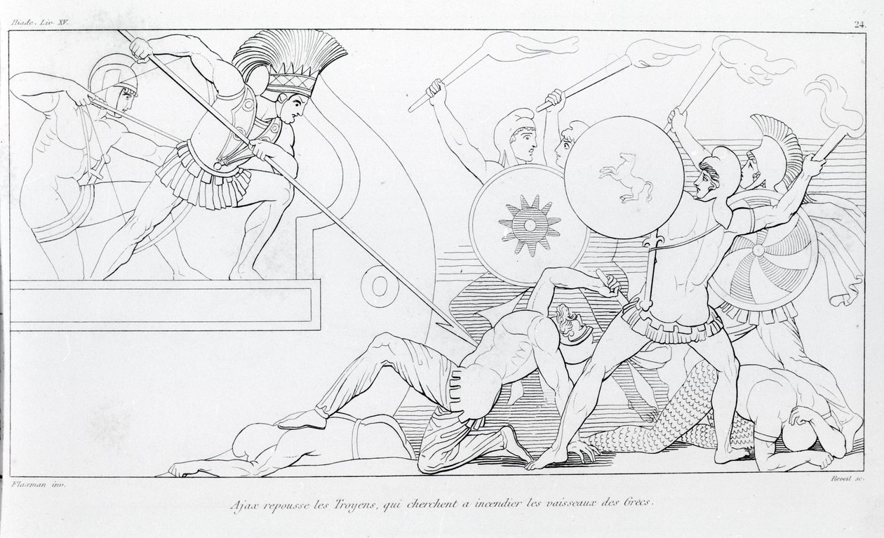 Az Ajax visszaveri a trójaiakat, akik fel akarják égetni a görög hajókat. John Flaxman (1755 - 1826) rajza. Homérosz Iliásza. Éneklő XV. alkotó: John Flaxman