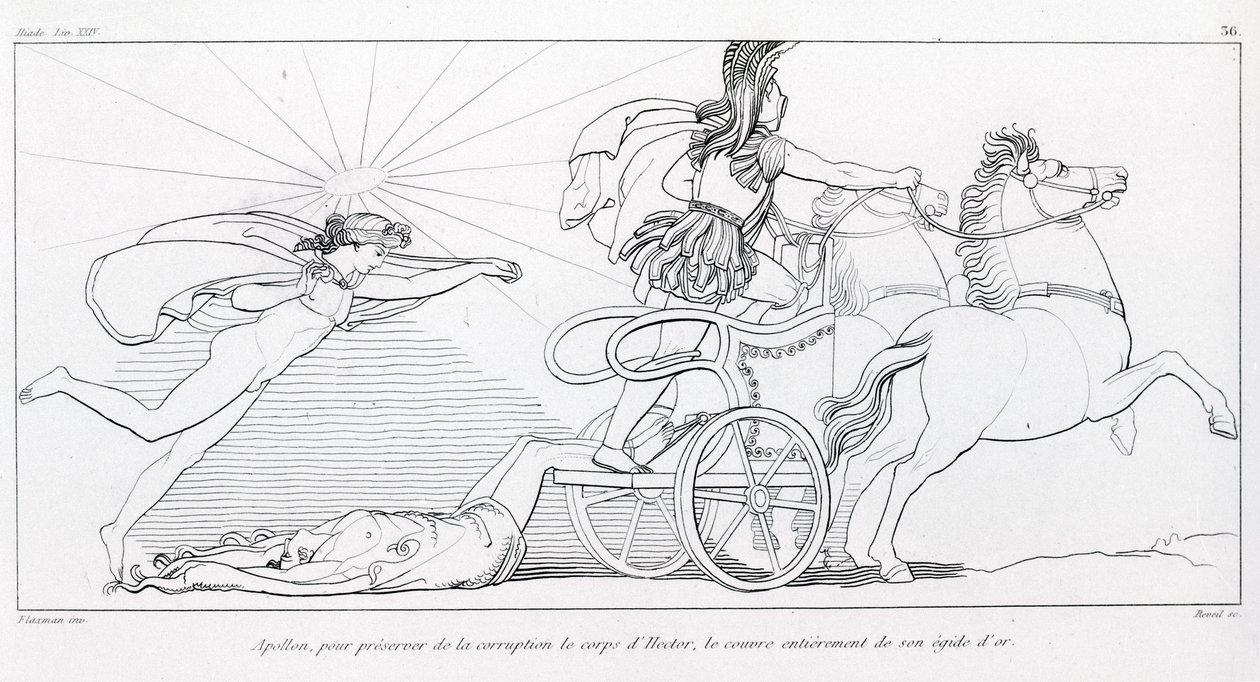 Apollón, a Nap istene, hogy megőrizze Hektor testét, teljesen beborítja arany égiszejével. Ének XXIV. John Flaxman (1755 - 1826) rajza. Homérosz Iliásza. alkotó: John Flaxman
