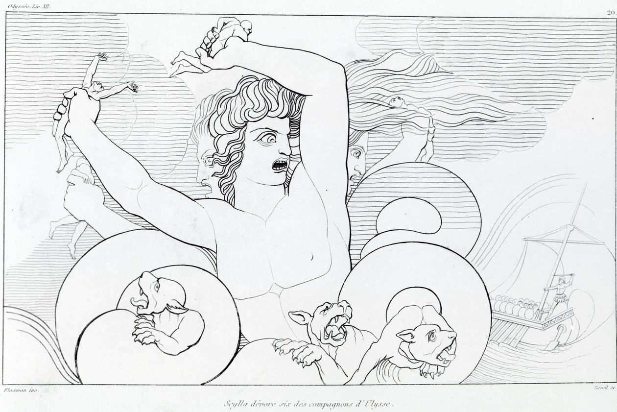 Charybde és Scylla epizódja: Ulysses hat társát felfalják. John Flaxman (1755 - 1826) rajza. Homérosz Odüsszeája. ének XII. alkotó: John Flaxman