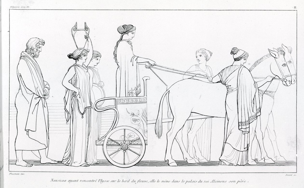 Nausicaa, aki most találkozott Ulyssesszel, visszaviszi apja palotájába, Alkinoos királyba. John Flaxman (1755 - 1826) rajza. Homérosz Odüsszeája. Dal VI. alkotó: John Flaxman