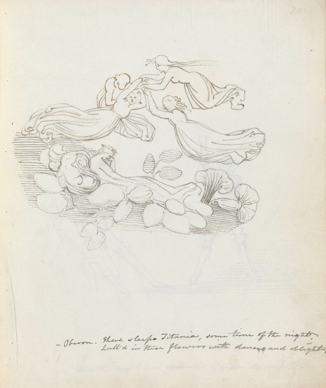 Oberon. Ott alszik Titánia, az éjszaka egy részében..., 1783 (toll, tinta és mosás papíron) alkotó: John Flaxman