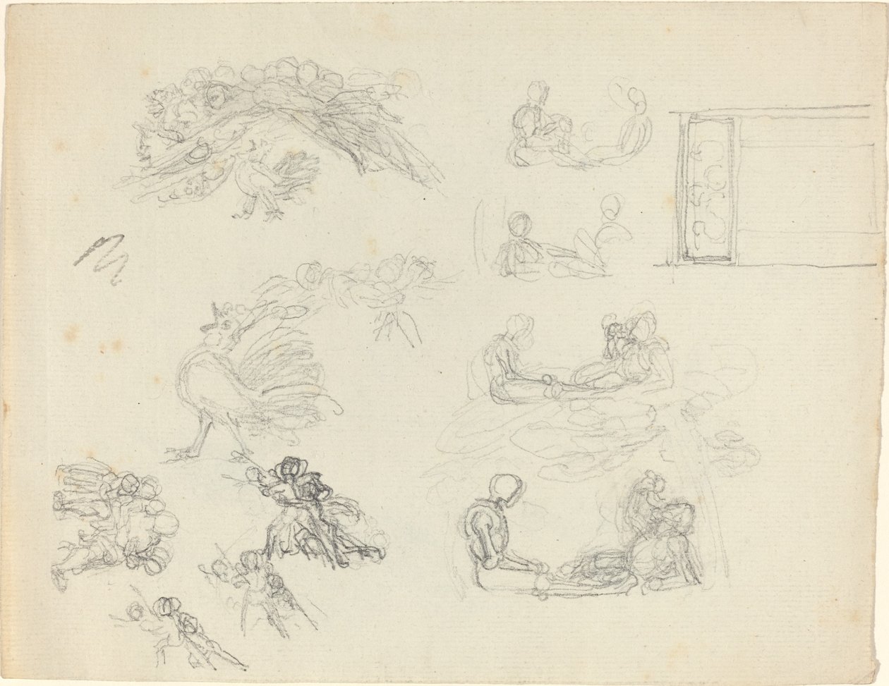Kukorékoló kakas és fekvő alakok tanulmányozása [recto and verso] alkotó: John Flaxman