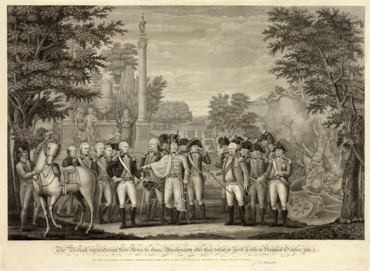 A britek átadják fegyvereiket Washington tábornoknak a virginiai York Townban elszenvedett vereség után 1781. október, pub. 1819 (metszet) alkotó: John Francis (after) Renault