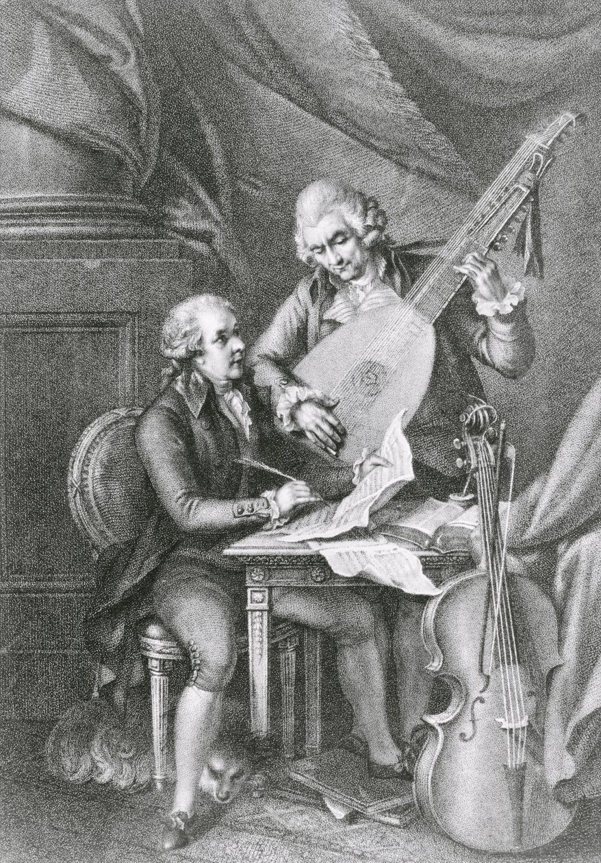 Franz Joseph Haydn (1732-1809) és Wolfgang Amadeus Mozart (1756-91) lantzenét komponáló portréja, Michele Benedetti (1745-1810) metszete alkotó: John Francis Rigaud