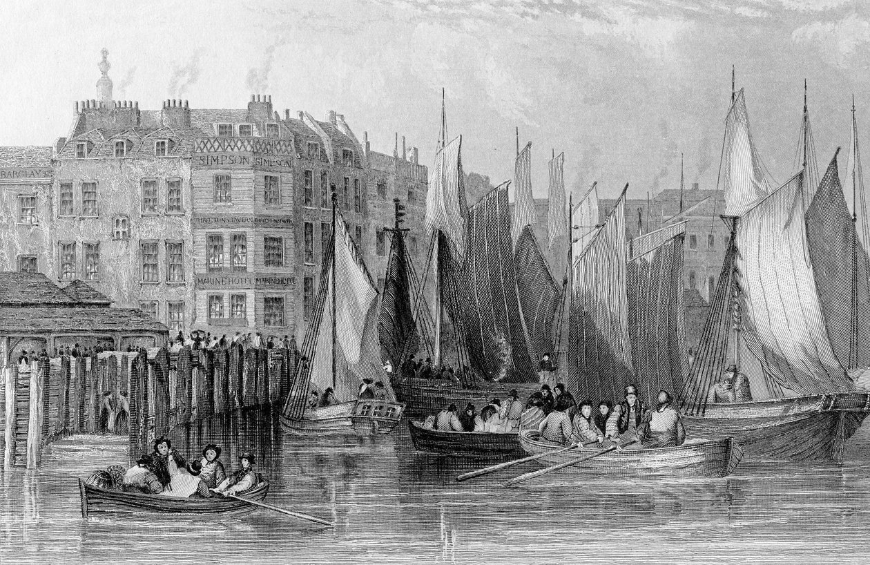 Billingsgate, illusztráció a "History of London: Illustrated by view of London and Westminster", John Woods, metszett John Woods, megjelent 1838-ban alkotó: John Francis Salmon