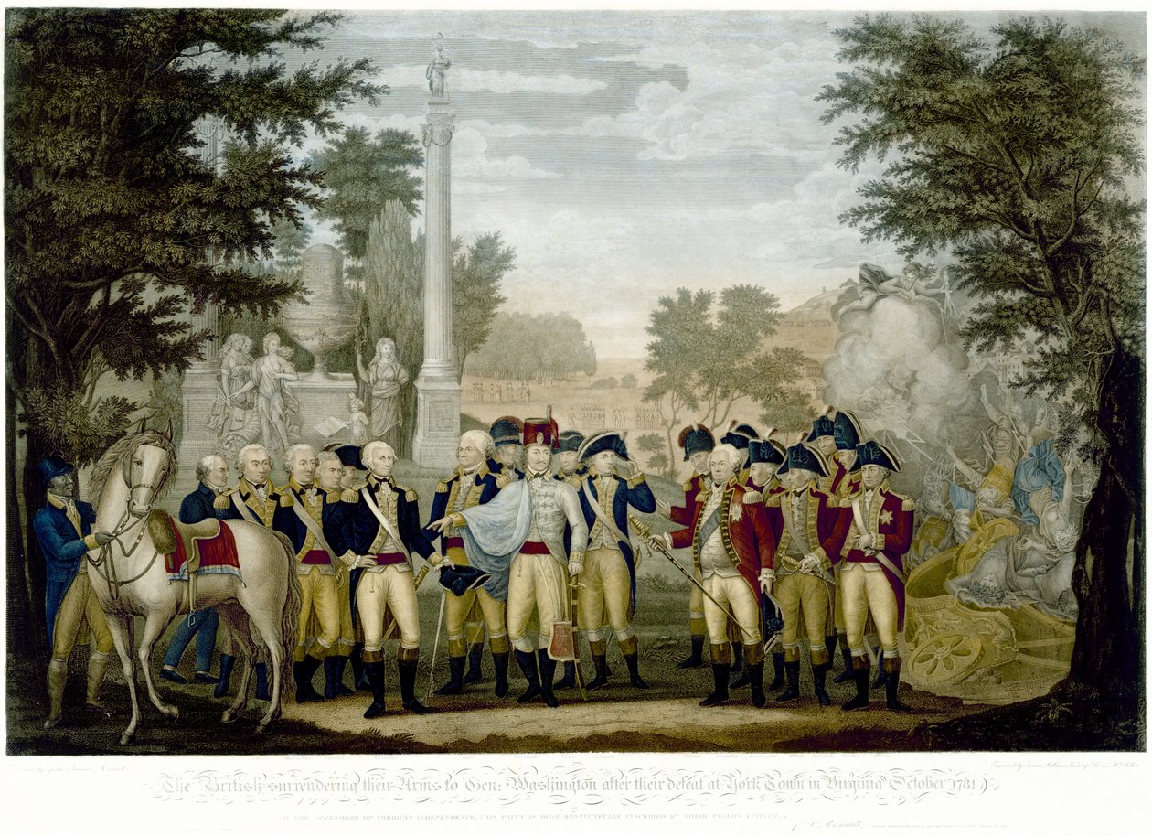 A britek átadják fegyvereiket Washington tábornoknak a virginiai York Townban elszenvedett vereség után, 1781. október 1819. (kézzel színezett rézmetszet) alkotó: John Francis Renault