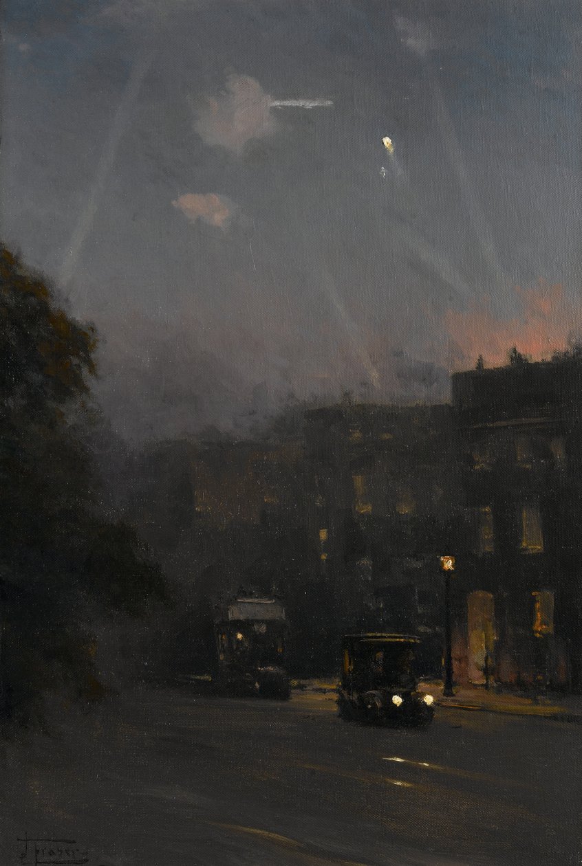 Zeppelin támadás, 1915. október 8., 1915-18 körül (olaj, vászon) alkotó: John Fraser