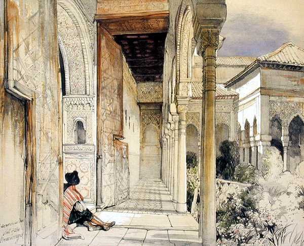 Bejárat az Abencerrajes termébe (Sala de los Abencerrajes), „Az Alhambra vázlatai és rajzai” című művéből, James Duffield Harding (1798-1863) metszete (litho) alkotó: John Frederick (after) Lewis