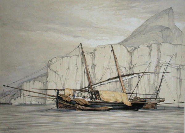 Gibraltár, a „Spanyolország vázlataiból”, Charles Joseph Hullmandel (1789-1850) metszete, 1836-ban megjelent (színes litó) alkotó: John Frederick (after) Lewis