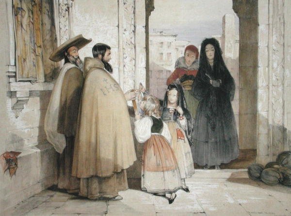 Alábontó szerzetesek alamizsnát kapnak, a „Spanyolország vázlataiból”, Charles Joseph Hullmandel (1789-1850) metszetéből, 1836-ban megjelent (színes litó) alkotó: John Frederick (after) Lewis