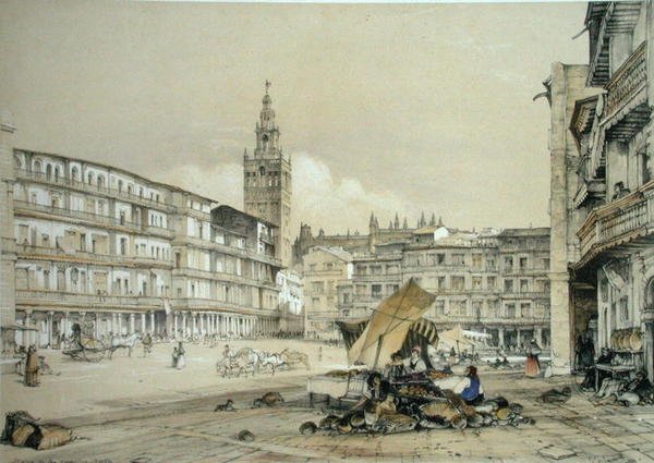 Plaza de San Francisco, Sevilla, a „Spanyolország vázlataiból”, Charles Joseph Hullmandel (1789-1850) metszete, 1836-ban megjelent (színes litó) alkotó: John Frederick (after) Lewis