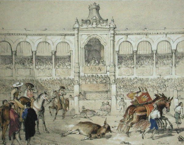 Sevillai bikaviadal: A döglött bika eltávolítása a gyűrűből, Charles Joseph Hullmandel (1789-1850) metszetéből, 1836-ban (színes litó) alkotó: John Frederick (after) Lewis