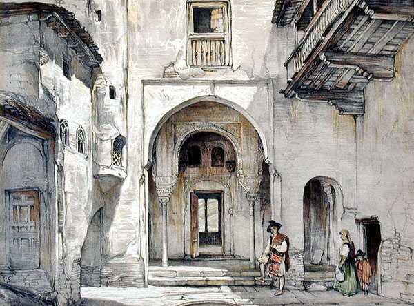 A mecset bejárata, az "Alhambra vázlatai és rajzai" című művéből, William Gauci (fl.1825-54) metszete alkotó: John Frederick (after) Lewis