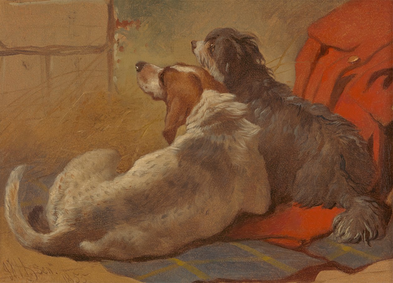 Egy vadászkutya és egy szakállas collie vadászkabáton ülve alkotó: John Frederick Herring