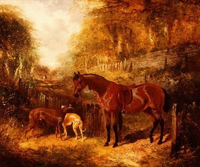 Nyerges öblös póni és agarak egy erdős folyami tájban alkotó: John Frederick Herring Jnr