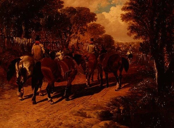 Edző lovak és vőlegények egy ösvényen alkotó: John Frederick Herring Jnr