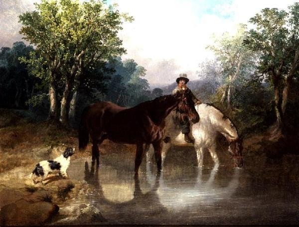 Két ló, egy férfi és egy kutya a patak mellett alkotó: John Frederick Herring Jnr
