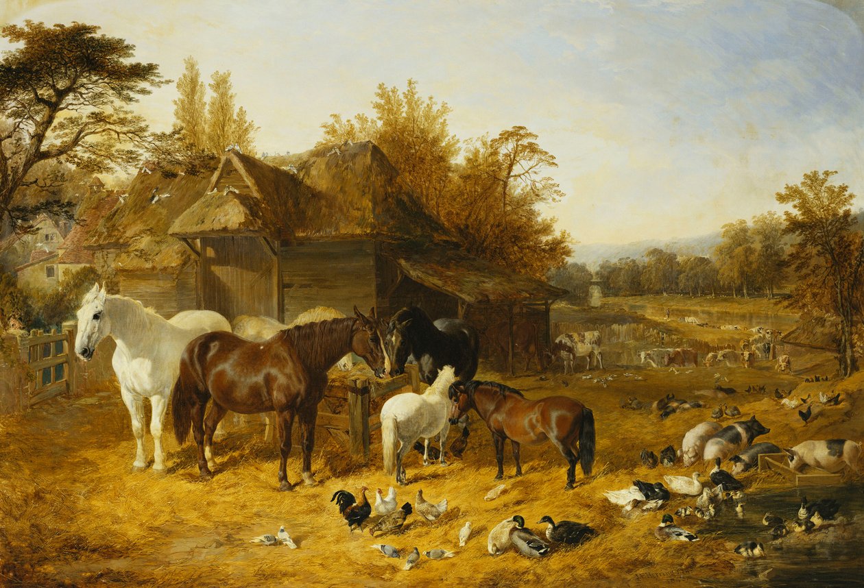 Farmyard lovakkal és pónikkal, Berkshire, Saddlebacks, Alderney Shorthorn szarvasmarha, Bantams, tőkés réce és gyöngytyúk, vidéki kúriával a folyó mellett a távolban, 1853 alkotó: John Frederick Herring Senior