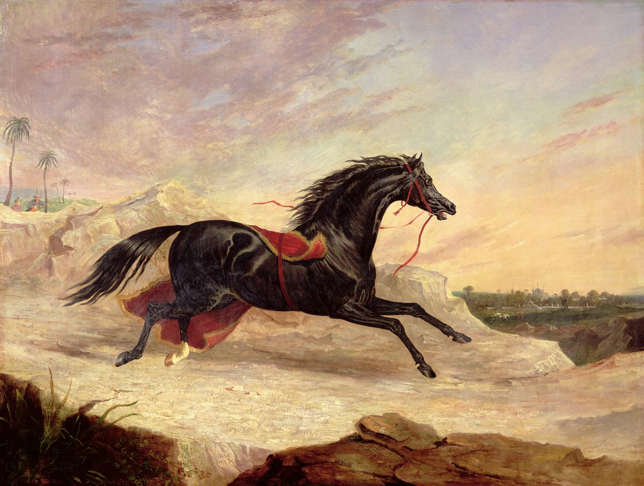 Arabok üldöznek egy laza arab lovat egy keleti tájon alkotó: John Frederick Herring Senior