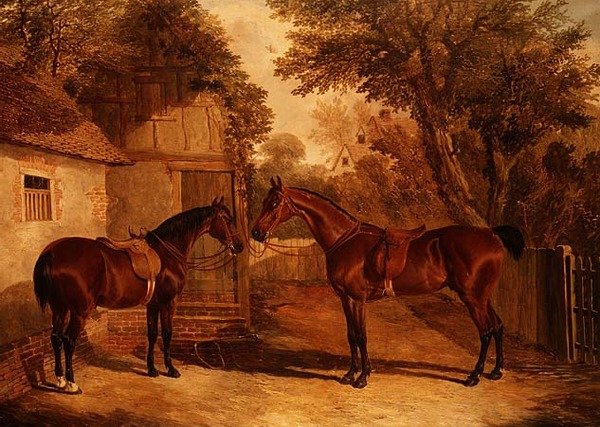 Bay Hunters egy farmház előtt alkotó: John Frederick Herring Senior