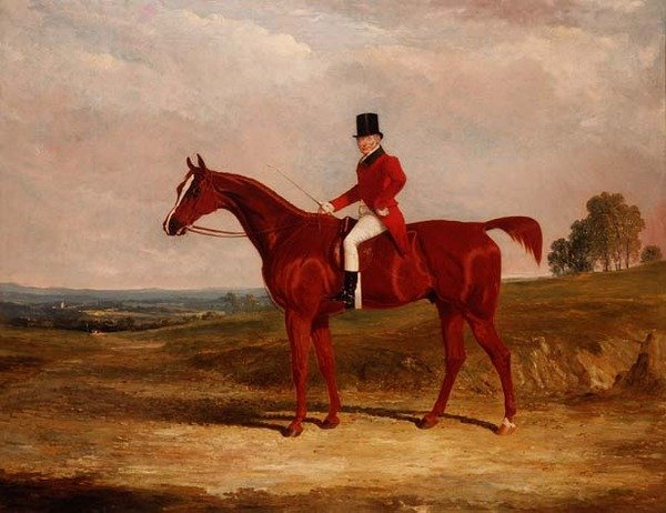 Sir Hugh Hamilton Mortimer, az Old Surrey Foxhounds mestere, egy gesztenyevadászon egy nagy kiterjedésű tájban alkotó: John Frederick Herring Senior