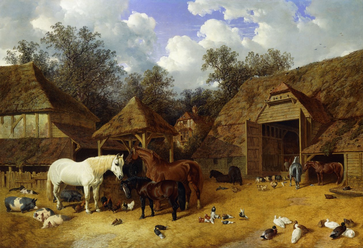 A művész farm udvara Meophamban, Kentben, lovakkal, shetlandi pónikkal, malacokkal, kacsákkal, galambokkal és csirkékkel, 1857 alkotó: John Frederick Herring Senior