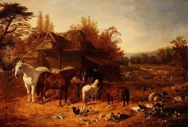 A tanyaudvar lovakkal, pónilovakkal, Berkshire Saddle Backs, Alderney Shorthorn szarvasmarhákkal és baromfival. alkotó: John Frederick Herring Senior
