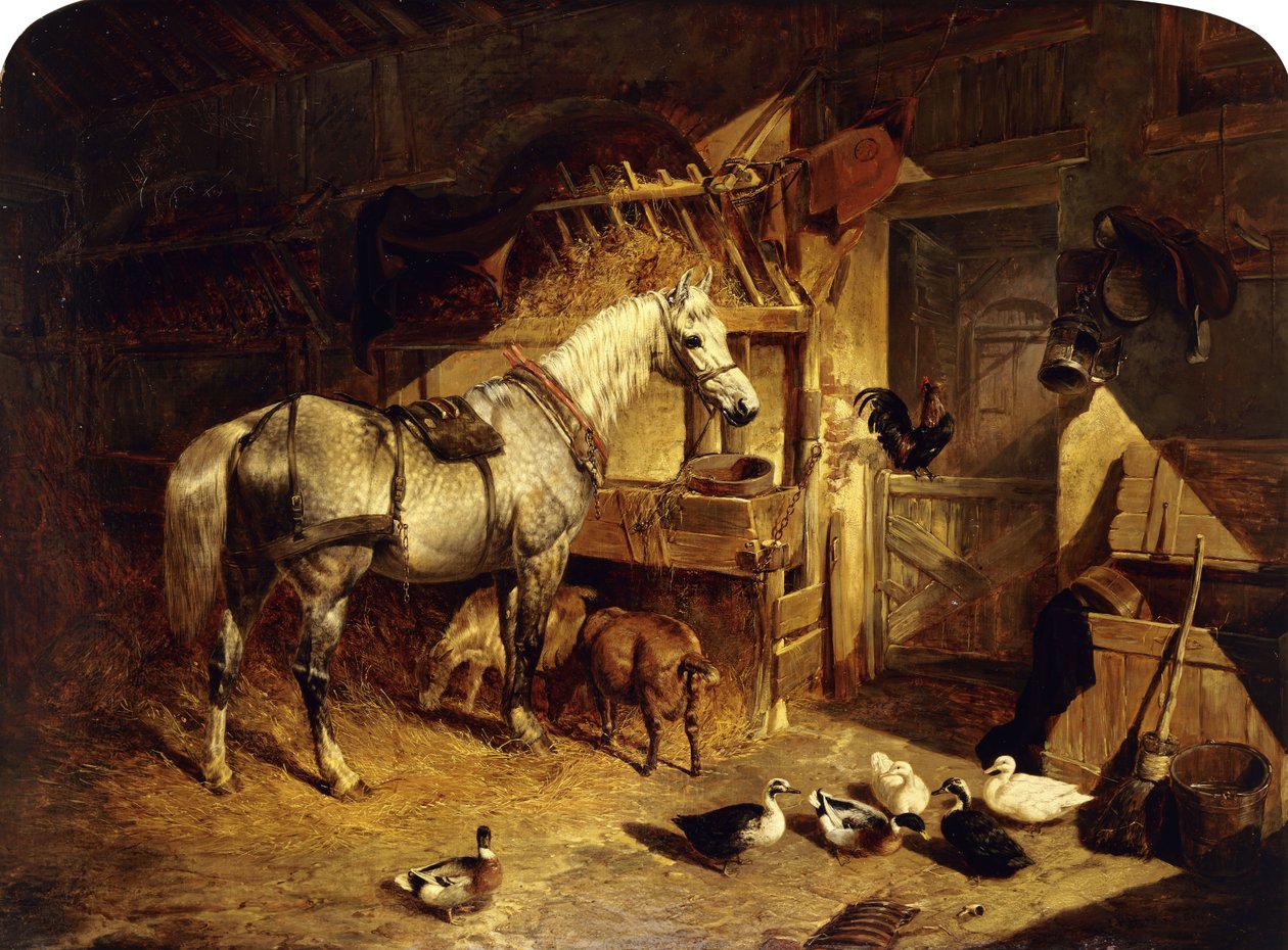 Egy istálló belseje pettyesszürke lóval a hámban, kacsákkal, kecskékkel és egy jászolból készült kakassal, 1843 alkotó: John Frederick Herring Senior