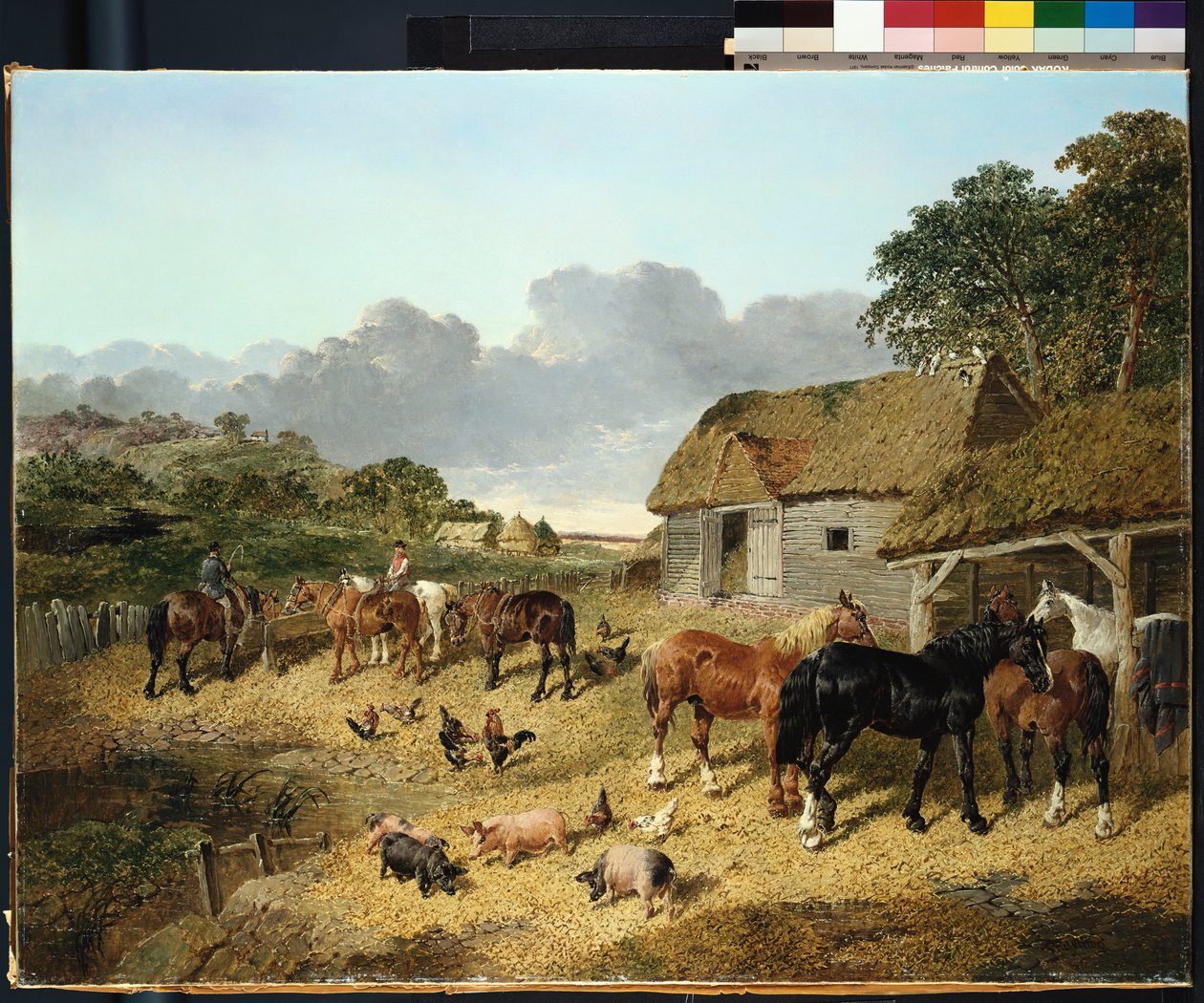 Lovak isznak egy vízvályúból, disznókkal és csirkékkel a tanya udvarán alkotó: John Frederick Herring Junior