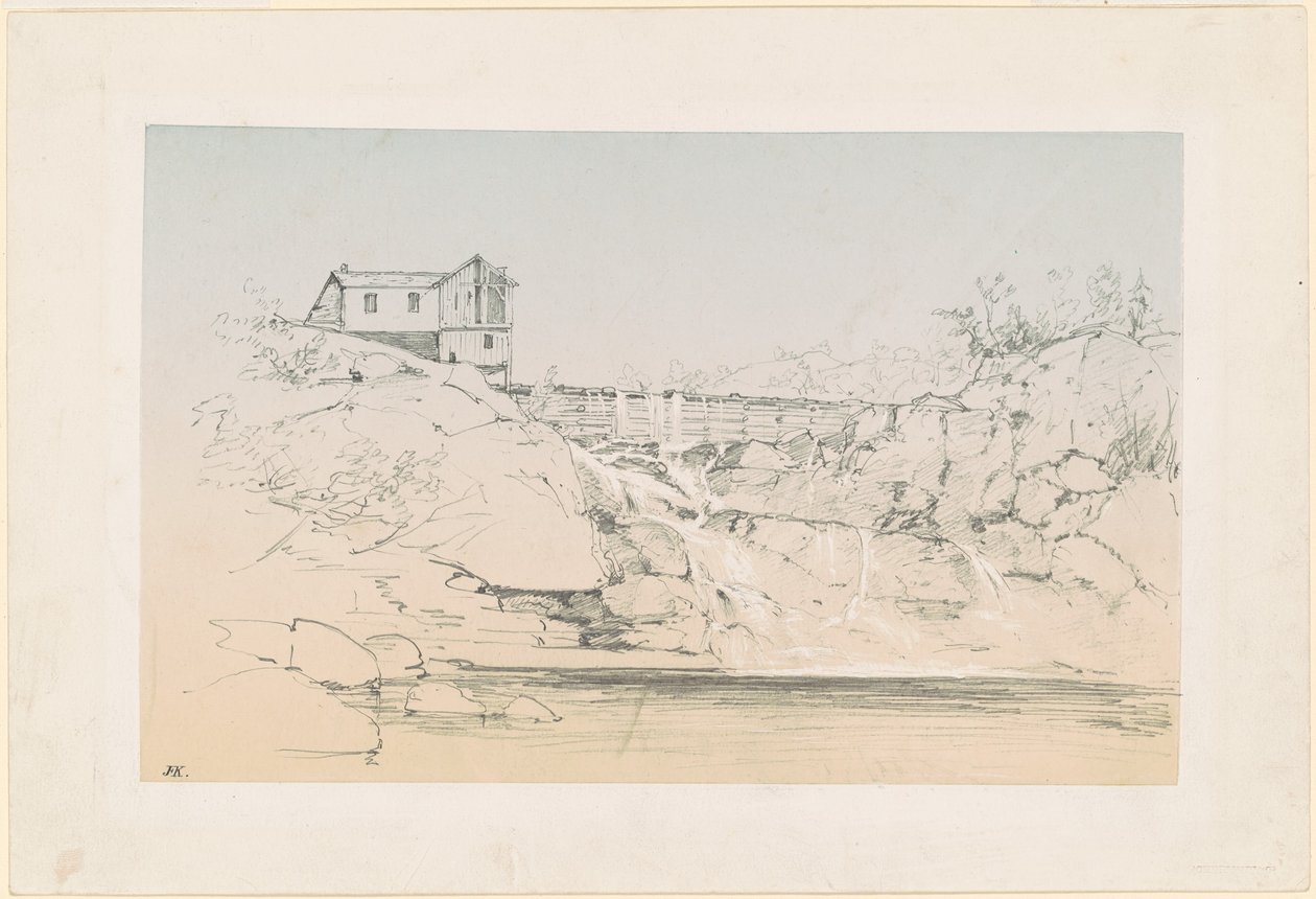 Épület egy gát mellett alkotó: John Frederick Kensett