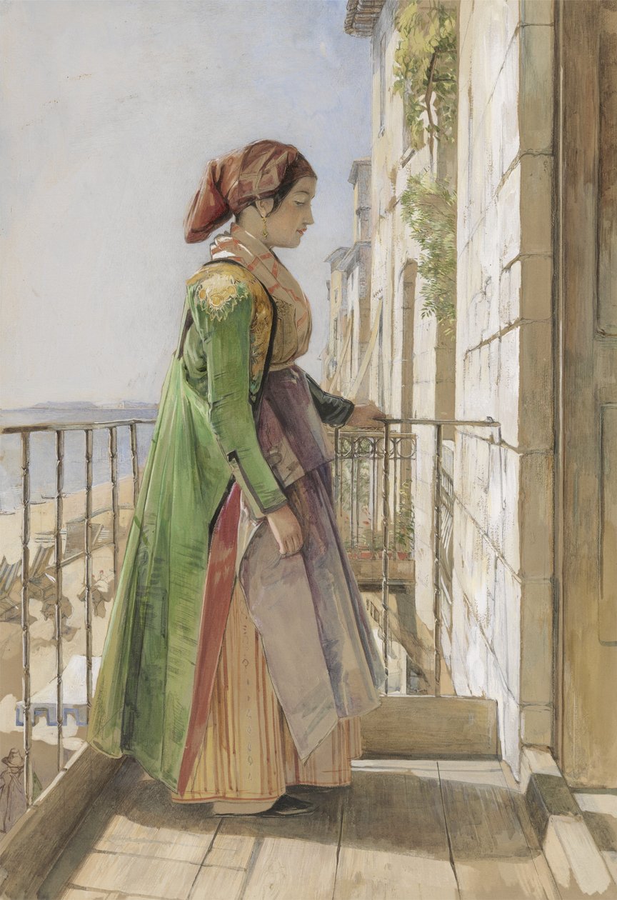 Görög lány áll az erkélyen, 1840 körül (akvarell és gouache, grafit, papíron) alkotó: John Frederick Lewis