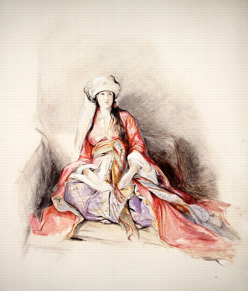 Egy levantei hölgy török ruhában, Konstantinápoly (akvarell ceruzával, testszínnel kiemelve) alkotó: John Frederick Lewis