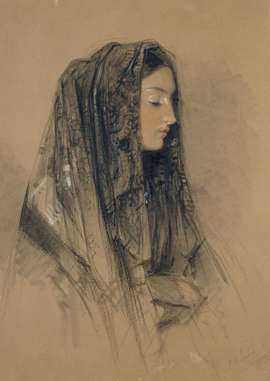 Olasz lány feje mantillában, 1838 (vörös és fekete kréta, tinta, akvarell és testfesték, buff karton) alkotó: John Frederick Lewis