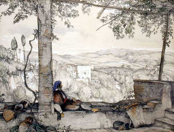 Sierra Nevada és az Alhambra egy része, az Adarvesból, az Alhambra vázlataiból és rajzaiból alkotó: John Frederick Lewis