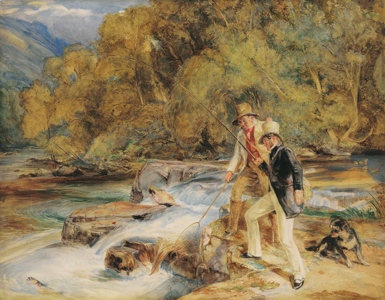 Sir Edwin Landseer, R.A. lazacra halászó ghillie-vel, esetleg a Dart folyón, Holne közelében, Devonban (ceruza és w/c gumiarábikummal és testszínnel és papíron kikaparva) alkotó: John Frederick Lewis