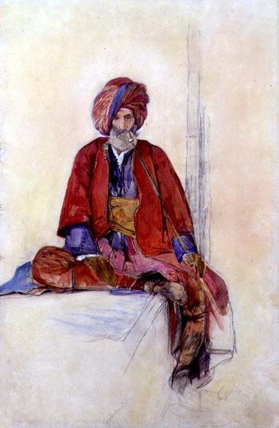Tanulmány egy ülő törökről, aki hosszú pipát szív, 1841 körül (kréta, akvarell és gouache) alkotó: John Frederick Lewis