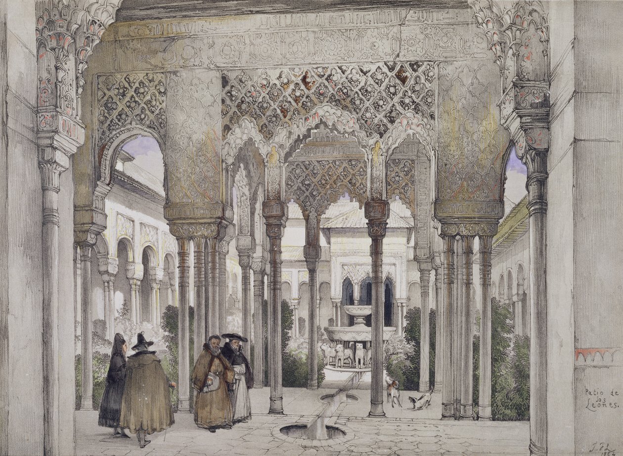 Az Oroszlánok udvara (Patio de los Leones), az „Alhambra vázlatai és rajzai” című művéből, William Gauci (fl.1825-54) metszete, 1834 alkotó: John Frederick Lewis