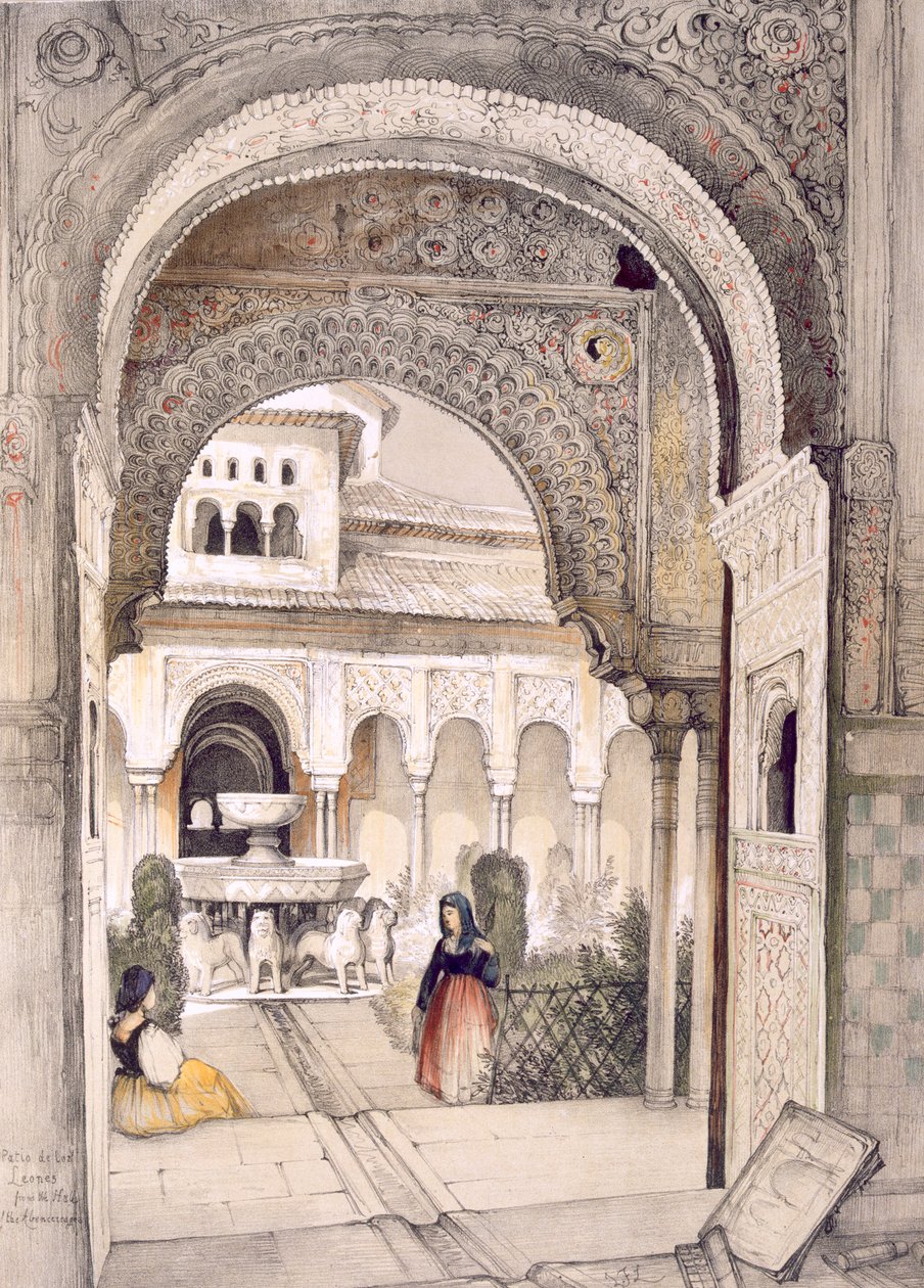 Az Oroszlánok szökőkútja, az Abencerrajes terméből, az "Alhambra vázlatai és rajzai" című művéből, William Gauci (fl.1825-54) metszete alkotó: John Frederick Lewis