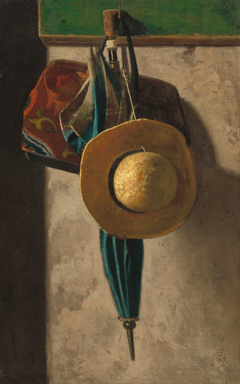 Szalmakalap, táska és esernyő, 1900 körül (vászonlapról átvitt olaj, szövet) alkotó: John Frederick Peto