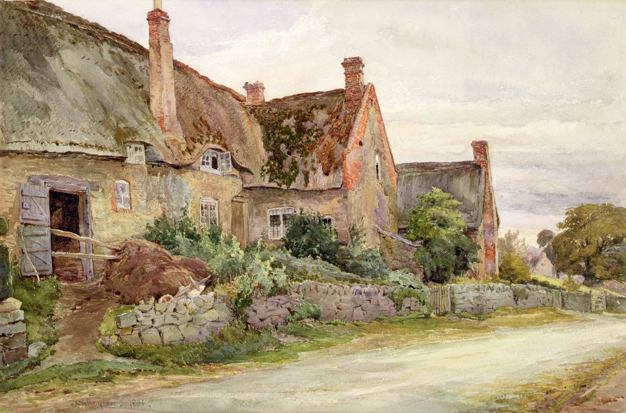 Nádfedeles kunyhó pajtával, 1881 (wc és grafit papíron) alkotó: John Fulleylove