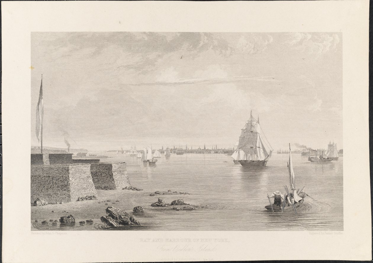 New York-i öböl és kikötő Bedlon [Bedloe] szigetéről, James Smillie metszet, 1840 körül (metszet) alkotó: John Gadsby Chapman