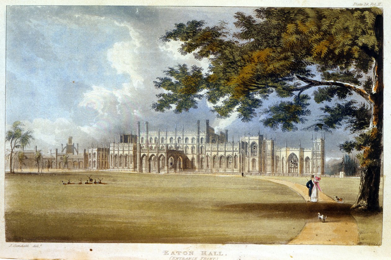Eaton Hall, Entrance Front, Ackermann „Művészetek tárházából”, 1826 körül (lásd még: 182261) alkotó: John Gendall