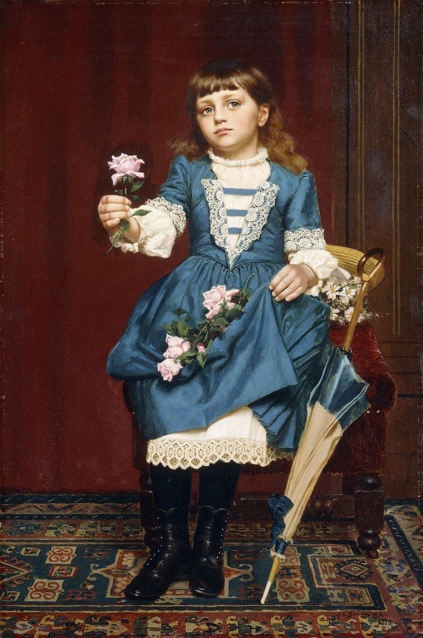 Daisy McComb egy rózsaszín rózsát tart a kezében, 1888 alkotó: John George Brown