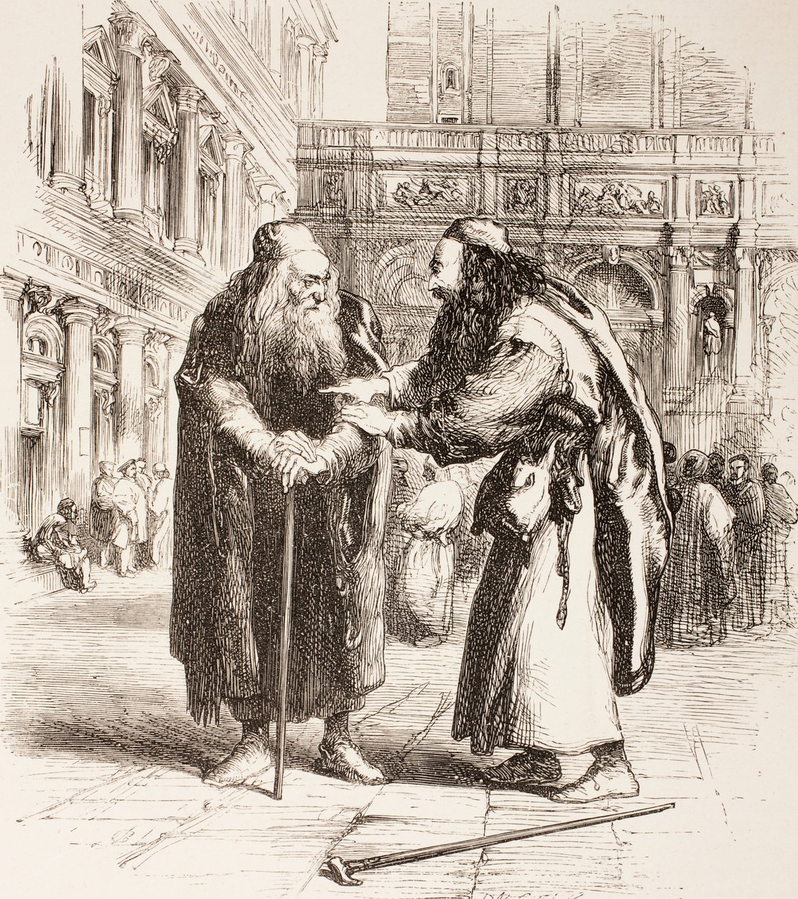Illusztráció: A velencei kereskedő, Shylock és Tubal találkoznak az utcán, III. felvonás, I. jelenet a „The Illustrated Library Shakespeare”-ből, 1890 Londonban alkotó: John Gilbert