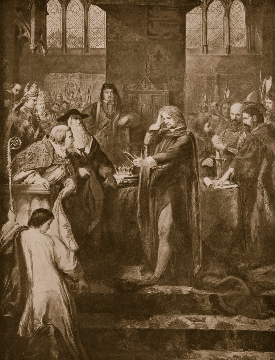 II. Richárd király lemond a koronáról unokatestvérének, Bolingbroke-nak, illusztráció a „Hutchinson története a brit nemzetről”, 1920 körül alkotó: John Gilbert