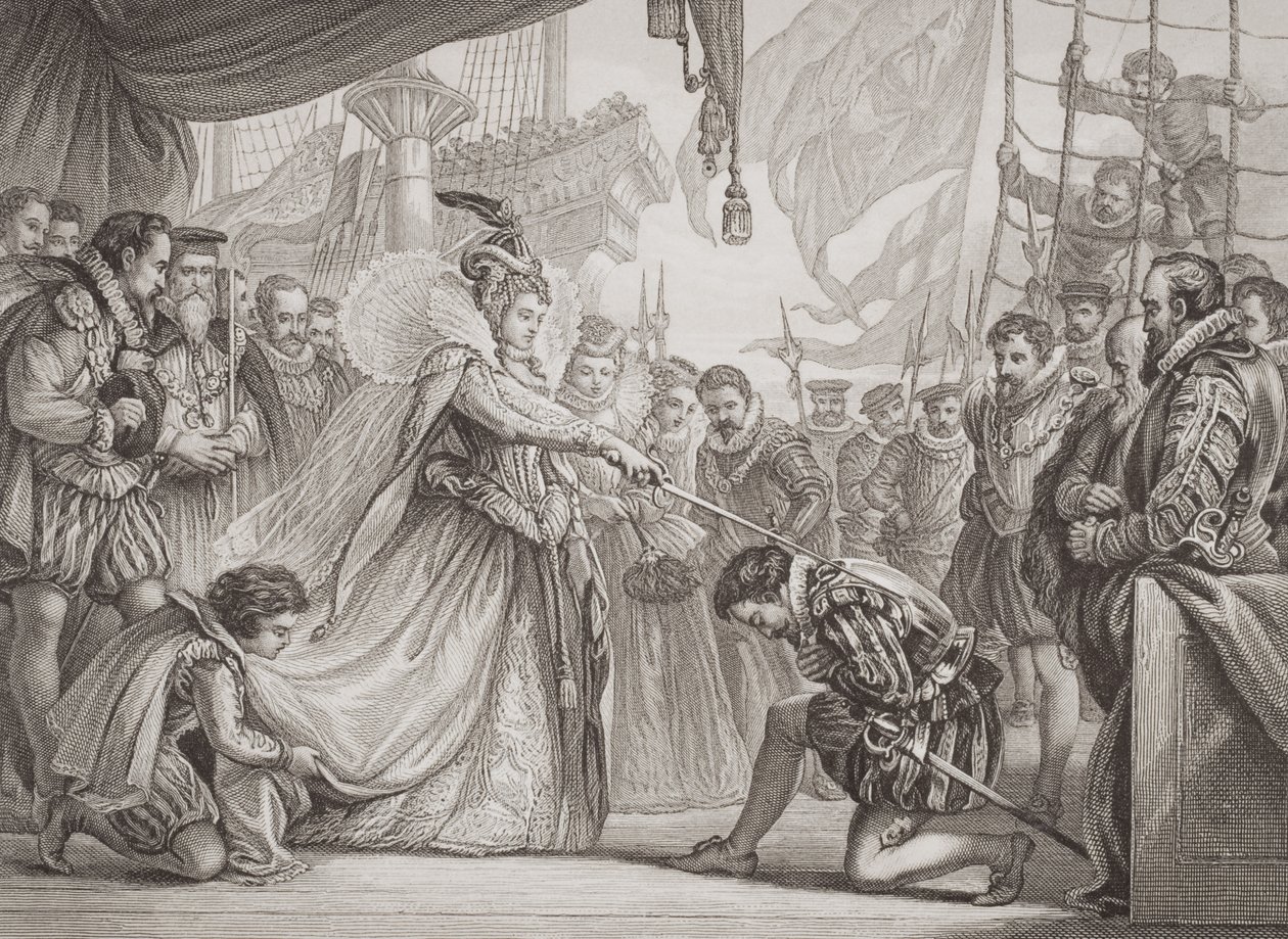 I. Erzsébet királynő (1530-1603) lovaggá ütötte Francis Drake-et (1540-96) az Angol és skót történelem illusztrációiból, I. kötetből alkotó: John Gilbert
